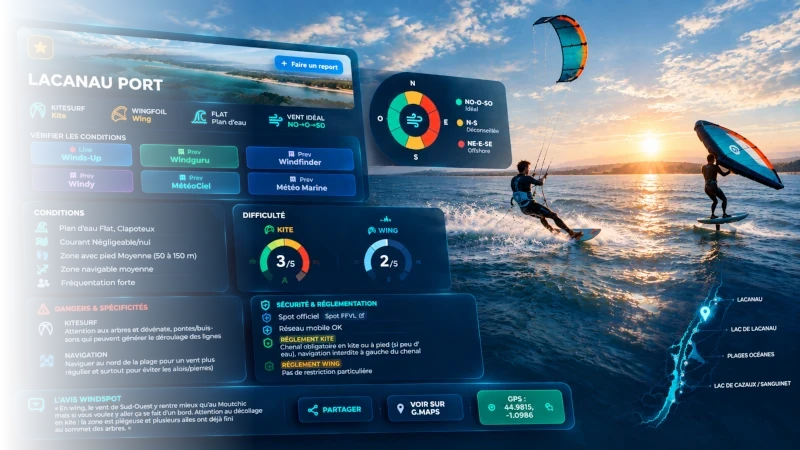 Aperçu d'une fiche spot WindSpot, avec conditions, sécurité et carte des spots à proximité